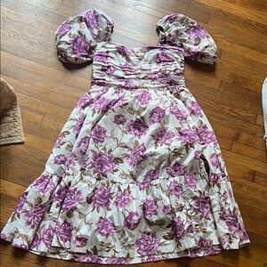 Abercrombie & Fitch Floral Puff-Sleeve Midi Dress in Cream and Purple